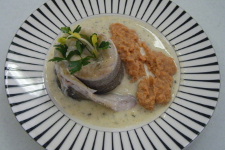 Hake, red lentils cream and herbs Gers